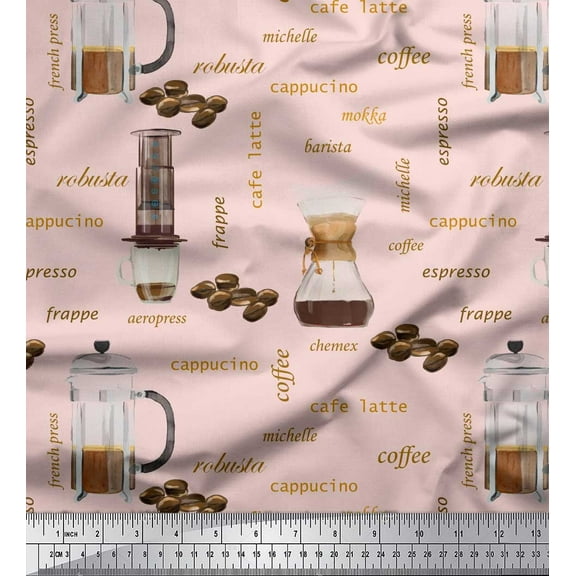Soimoi Pink Velvet Fabric Text & Coffee Maker Kitchen Printed Fabric 1 Yard 58 Inch Wide