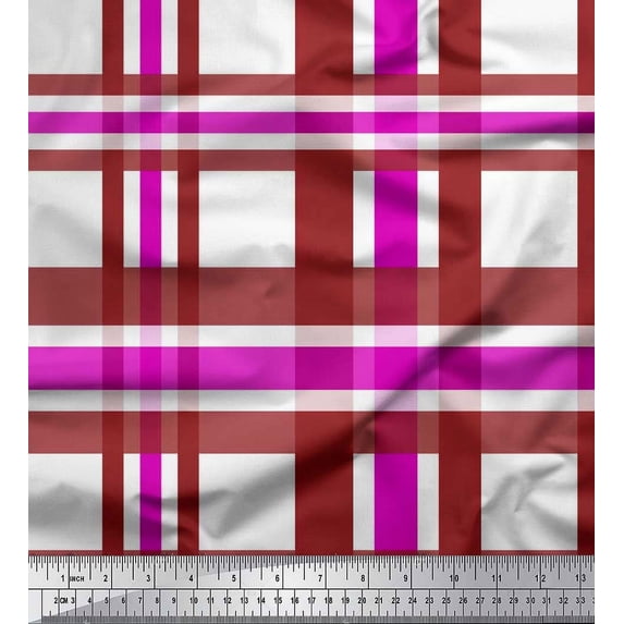 Soimoi Pink Viscose Chiffon Fabric Gingham Check Print Sewing Fabric Yard 42 Inch Wide