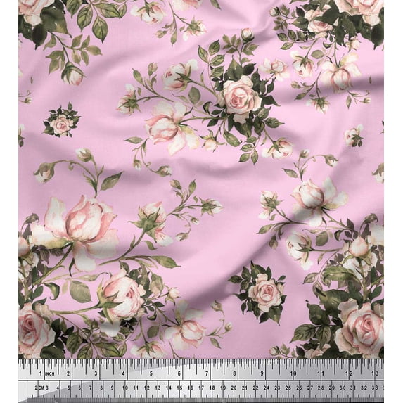 Soimoi Pink Viscose Chiffon Fabric Leaves & Rose Floral Decor Fabric Printed Yard 42 Inch Wide