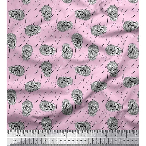 Soimoi Pink polyester Crepe Fabric Artistic Skull Fabric Prints By Yard 42 Inch Wide