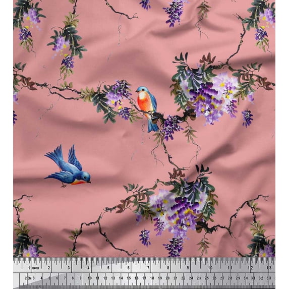 Soimoi Pink polyester Crepe Fabric Floral & Flowerpecker Bird Fabric Prints By Yard 52 Inch Wide