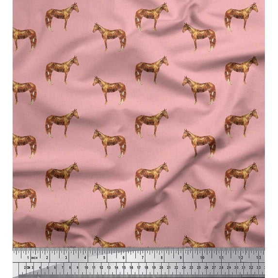 Soimoi Pink polyester Crepe Fabric Horse & Dot Animal Decor Fabric Printed Yard 52 Inch Wide