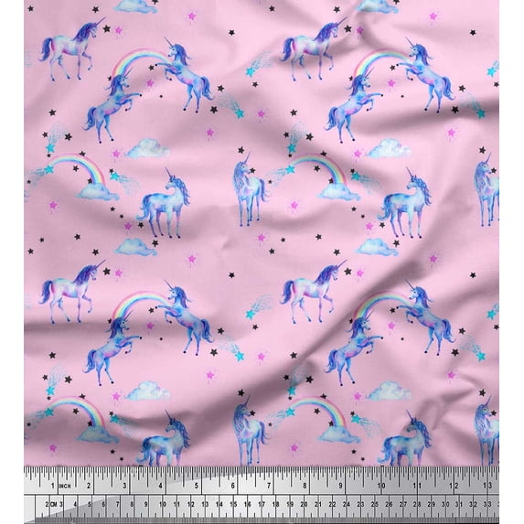 Soimoi Pink polyester Crepe Fabric Unicorn & Rainbow Nature Decor Fabric Printed Yard 52 Inch Wide