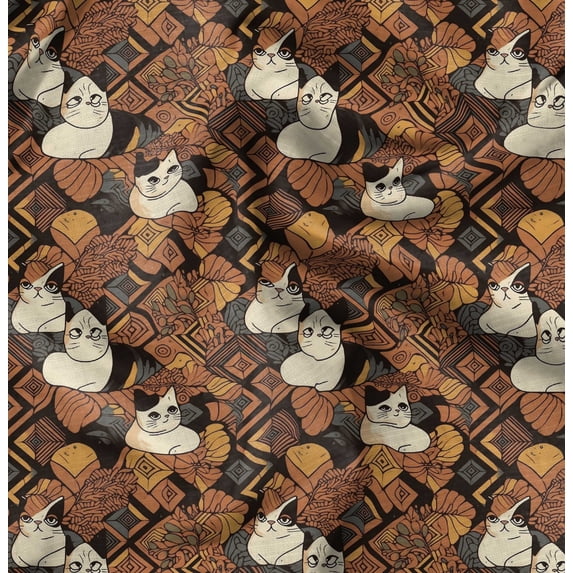 Soimoi Poly Canvas Brown Fabric By the Yard - 56 Inch Wide - Cats Geometric Patterns - Playful and Modern Fusion for Fashion and Home Decor Printed Fabric