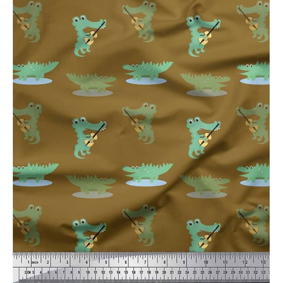 Soimoi Poly Crepe Fabric Guitar & Crocodile Kids Decor Fabric Printed Yard 42 Inch Wide