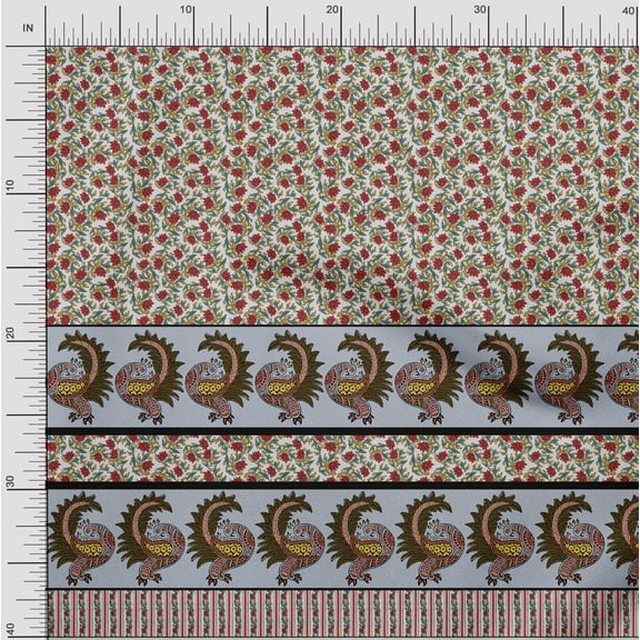 Soimoi Poly Crepe Fabric Lotus & Peacock Panel Printed Craft Fabric by The Yard 42 Inch Wide