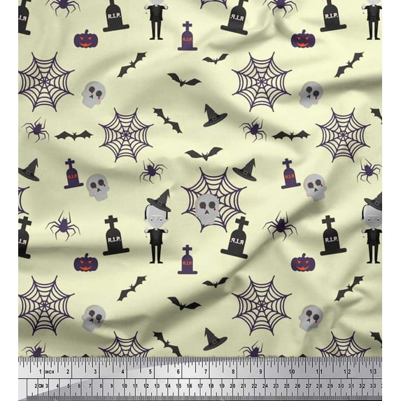 Soimoi Poly Georgette Fabric Bat,Skull & Witch Halloween Print Fabric by The Yard 42 Inch Wide