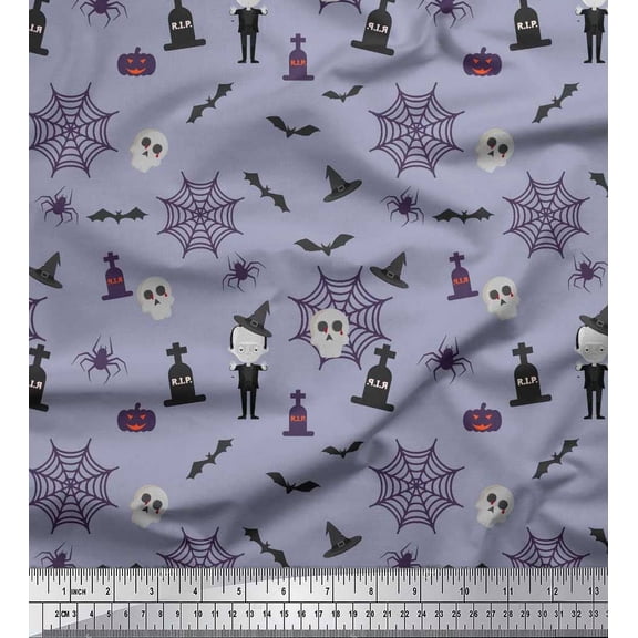 Soimoi Poly Georgette Fabric Bat,Skull & Witch Halloween Print Fabric by Yard 42 Inch Wide