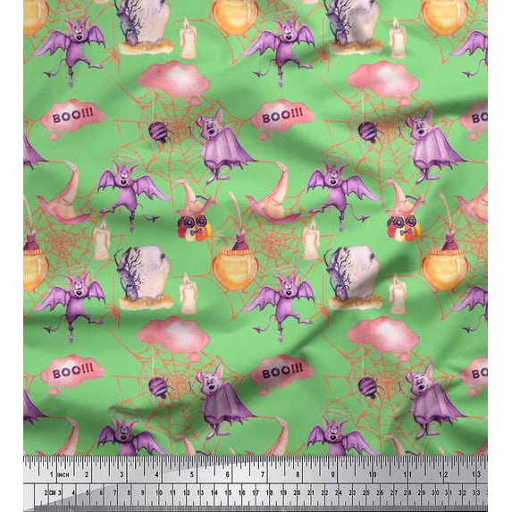 Soimoi Poly Georgette Fabric Bat,Witch Hat & Magic Potion Halloween Printed Craft Fabric by The Yard 42 Inch Wide