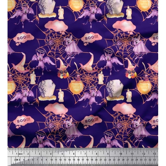 Soimoi Poly Georgette Fabric Bat,Witch Hat & Magic Potion Halloween Printed Fabric 1 Yard 42 Inch Wide