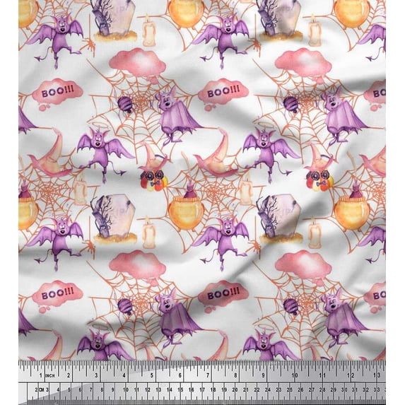 Soimoi Poly Georgette Fabric Bat,Witch Hat & Magic Potion Halloween Printed Fabric 1 Yard 52 Inch Wide