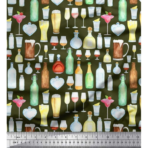 Soimoi Poly Georgette Fabric Bottle,Wine & Beer Bar Decor Fabric Printed Yard 42 Inch Wide