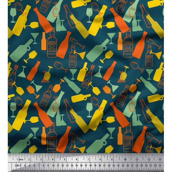 Soimoi Poly Georgette Fabric Bottle & Wine Glass Bar Fabric Prints by Yard 52 Inch Wide