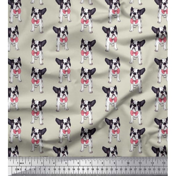 Soimoi Poly Georgette Fabric Bow & Boston Terrier Dog Fabric Prints by Yard 42 Inch Wide