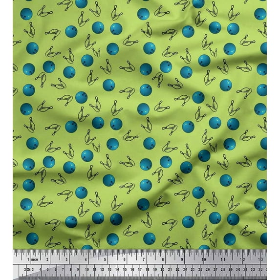 Soimoi Poly Georgette Fabric Bowling Pins & Ball Sports Fabric Prints by Yard 42 Inch Wide