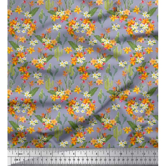 Soimoi Poly Georgette Fabric Cactus,Leaves & Tropical Flower Floral Print Fabric by The Yard 42 Inch Wide