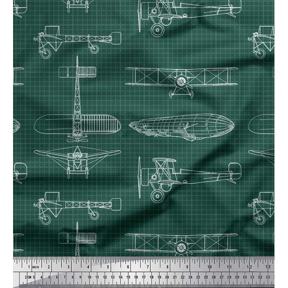 Soimoi Poly Georgette Fabric Check & Airplane Transport Print Sewing Fabric Yard 52 Inch Wide