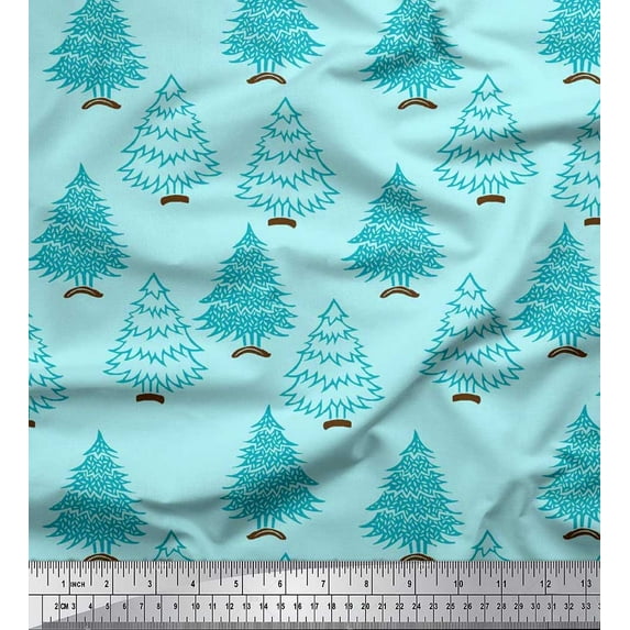 Soimoi Poly Georgette Fabric Christmas Tree Block Printed Fabric 1 Yard 42 Inch Wide