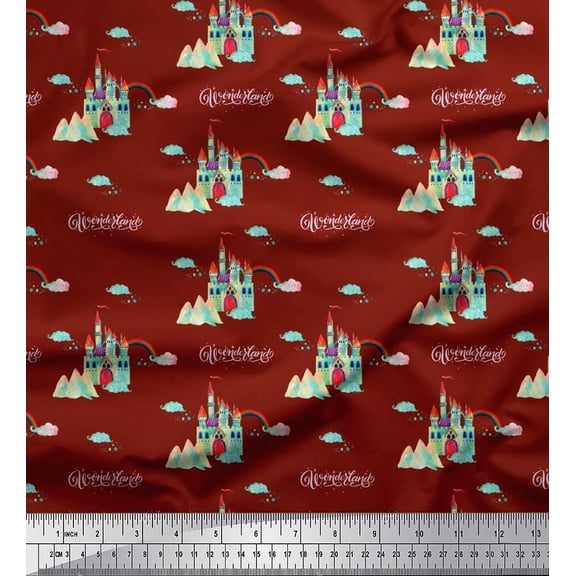 Soimoi Poly Georgette Fabric Cloud & Wonderland Cartoon Printed Fabric 1 Yard 42 Inch Wide