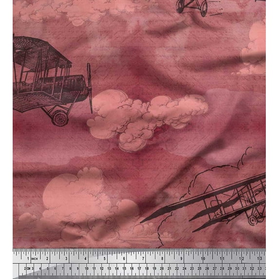 Soimoi Poly Georgette Fabric Clouds & Airplane Transport Print Fabric by The Yard 42 Inch Wide