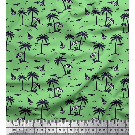 Soimoi Poly Georgette Fabric Coconut Tree,Bird & Sailboat Beach Print Sewing Fabric Yard 42 Inch Wide
