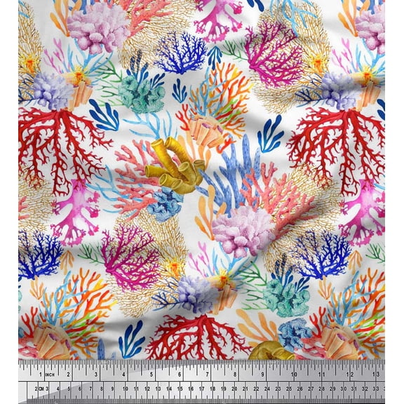 Soimoi Poly Georgette Fabric Coral Ocean Printed Fabric 1 Yard 42 Inch Wide