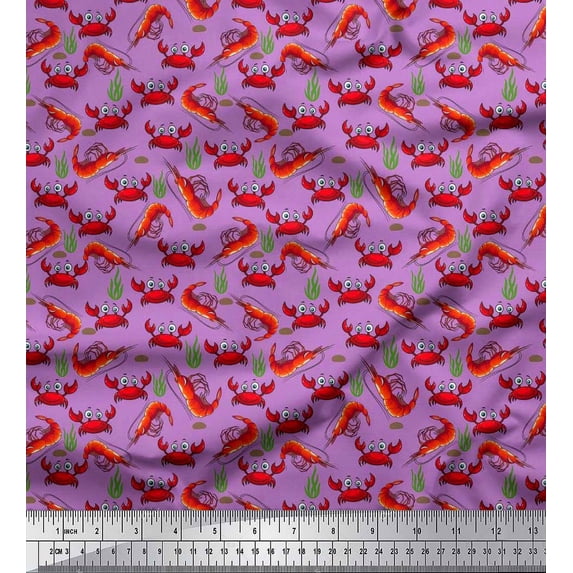Soimoi Poly Georgette Fabric Coral,Prawns & Crab Ocean Decor Fabric Printed Yard 42 Inch Wide