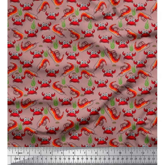 Soimoi Poly Georgette Fabric Coral,Prawns & Crab Ocean Fabric Prints by Yard 52 Inch Wide