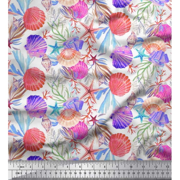 Soimoi Poly Georgette Fabric Coral,Starfish & Sea Shell Ocean Printed Fabric 1 Yard 42 Inch Wide