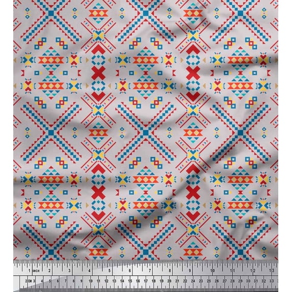 Soimoi Poly Georgette Fabric Cross Sign & Triangle Geometric Print Fabric by The Yard 42 Inch Wide