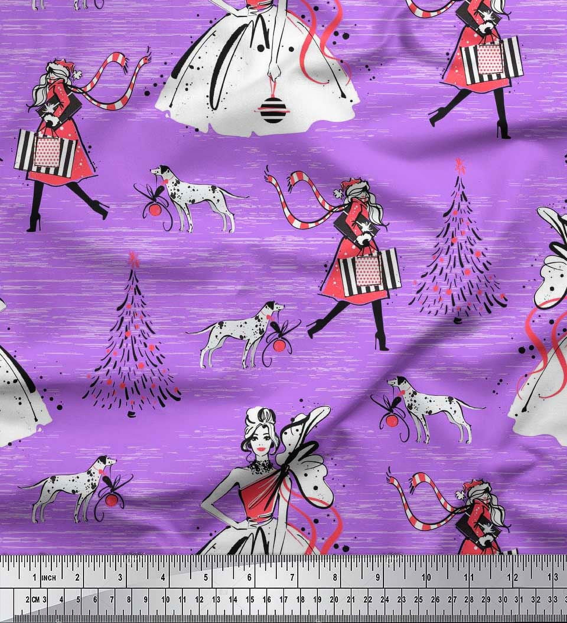 Soimoi Poly Georgette Fabric Dog,Women & Tree Christmas Print Fabric by the Yard 42 Inch Wide