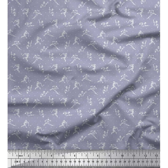 Soimoi Poly Georgette Fabric Dot,Cricket Player & Bat Sports Fabric Prints by Yard 42 Inch Wide