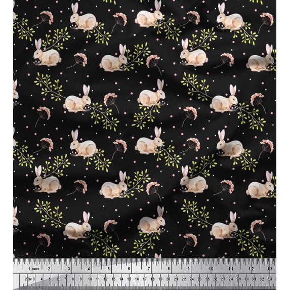 Soimoi Poly Georgette Fabric Dot,Leaves & Rabbit Animal Printed Fabric 1 Yard 52 Inch Wide