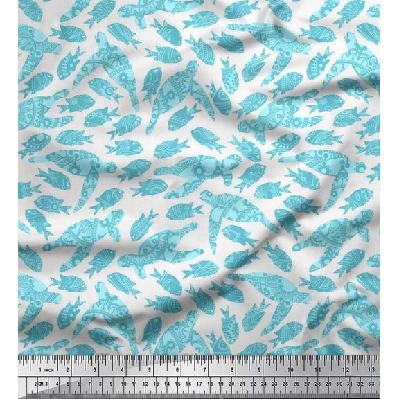 Soimoi Poly Georgette Fabric Fish & Sea Turtle Ocean Printed Craft Fabric by the Yard 42 Inch Wide