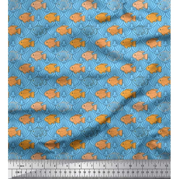 Soimoi Poly Georgette Fabric Fish & Shells Ocean Decor Fabric Printed Yard 52 Inch Wide