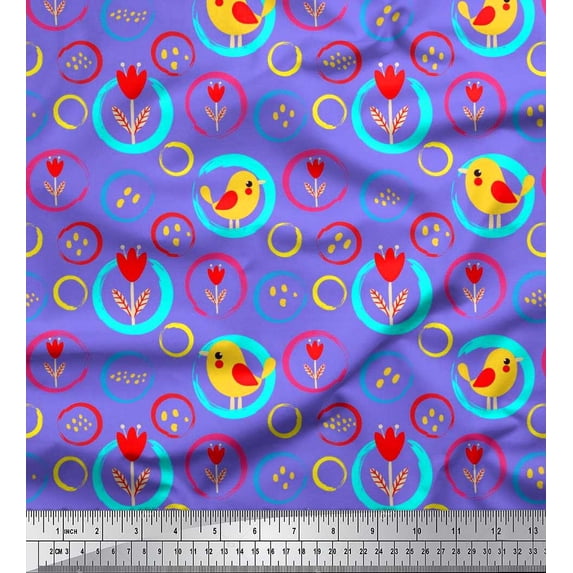 Soimoi Poly Georgette Fabric Floral,Circle & Bird Artistic Printed Craft Fabric by The Yard 52 Inch Wide