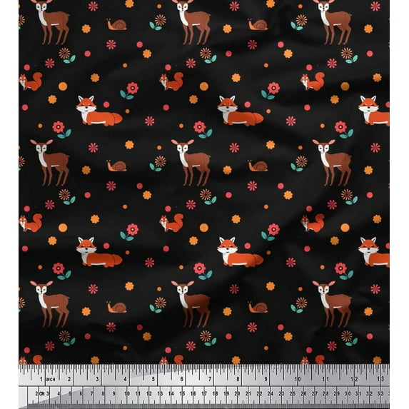 Soimoi Poly Georgette Fabric Floral,Deer & Fox Kids Fabric Prints by Yard 42 Inch Wide