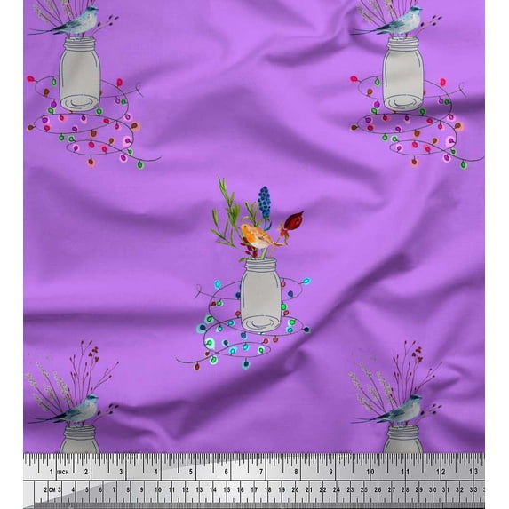 Soimoi Poly Georgette Fabric Flower Jar,Warbler & Mountain Blue Bird Decor Fabric Printed Yard 42 Inch Wide