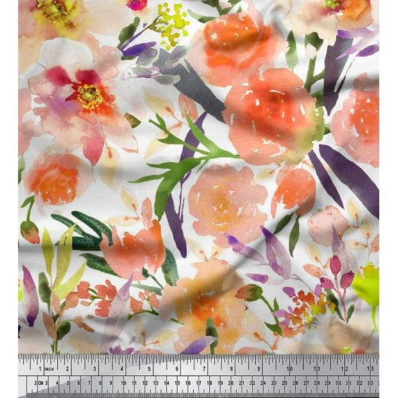 Soimoi Poly Georgette Fabric Flower & Leaves Watercolor Fabric Prints By Yard 52 Inch Wide