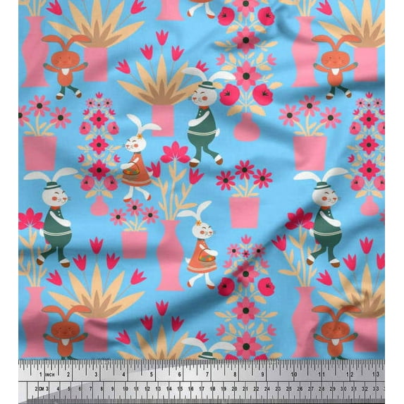 Soimoi Poly Georgette Fabric Flower Vase & Bunny Cartoon Print Fabric by The Yard 42 Inch Wide