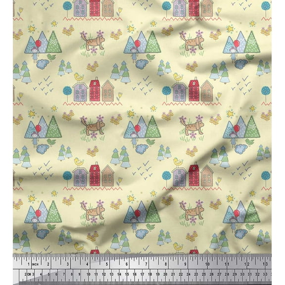 Soimoi Poly Georgette Fabric House,Tree & Dog Clip Art Decor Fabric Printed Yard 42 Inch Wide