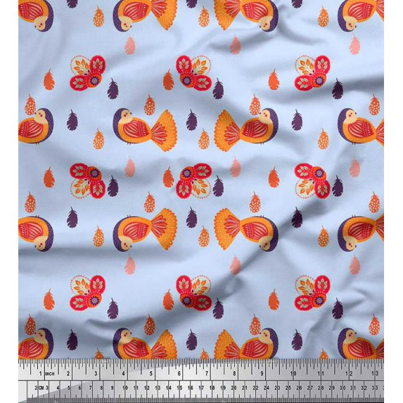 Soimoi Poly Georgette Fabric Leaves & Bird Kids Printed Fabric 1 Yard 52 Inch Wide