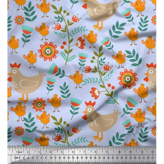 Soimoi Poly Georgette Fabric Leaves,Cock & Chick Cartoon Print Fabric by The Yard 52 Inch Wide