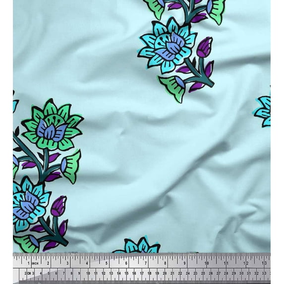 Soimoi Poly Georgette Fabric Leaves & Floral Block Print Fabric by The Yard 42 Inch Wide