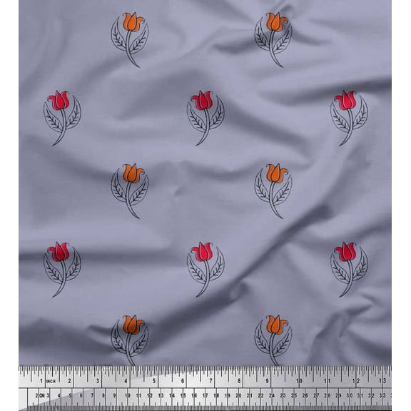 Soimoi Poly Georgette Fabric Leaves & Floral Block Print Sewing Fabric Yard 42 Inch Wide