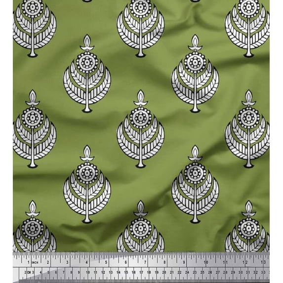 Soimoi Poly Georgette Fabric Leaves & Floral Block Printed Fabric 1 Yard 52 Inch Wide