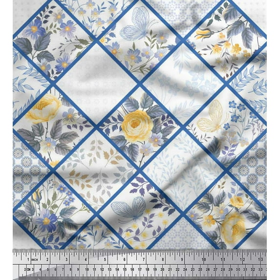 Soimoi Poly Georgette Fabric Leaves,Floral & Check Patchwork Print Fabric by The Yard 42 Inch Wide