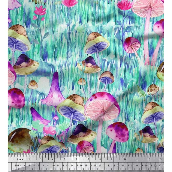 Soimoi Poly Georgette Fabric Leaves,Floral & Mushroom Vegetable Decor Fabric Printed Yard 52 Inch Wide
