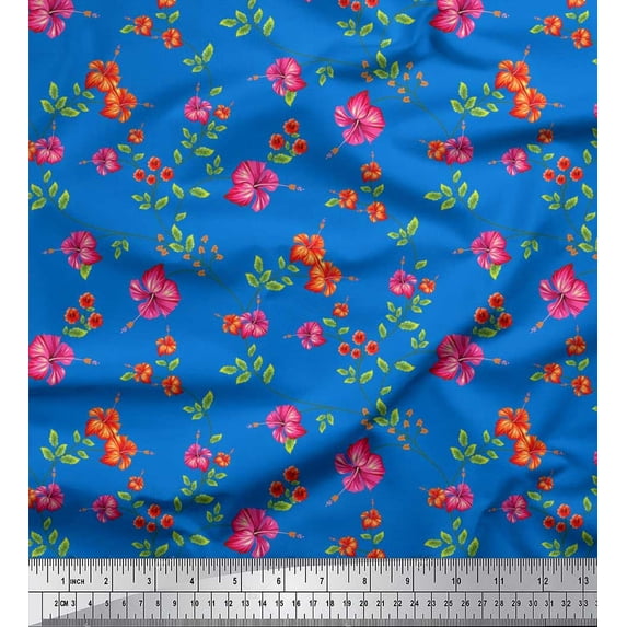 Soimoi Poly Georgette Fabric Leaves & Floral Printed Fabric 1 Yard 52 Inch Wide