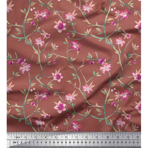 Soimoi Poly Georgette Fabric Leaves & Lily Floral Print Fabric by Yard 42 Inch Wide